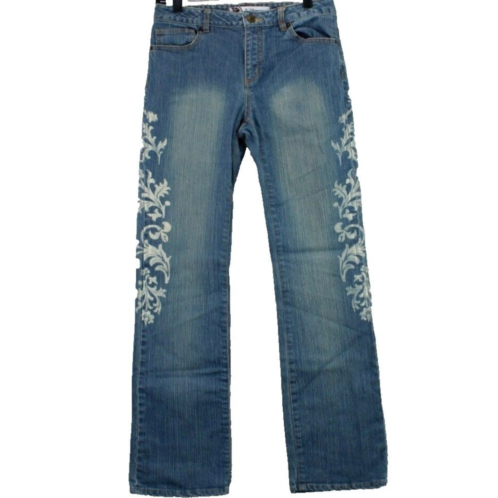 Girls‎ Jeans Blue Wash Embroidered Tinkerbell Graphic Straight Leg Denim Pants